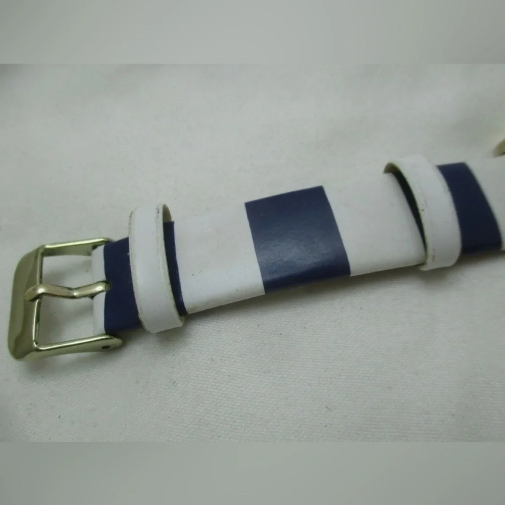 🕰️ Calvin Hill Navy & White Striped Watch – Gold Tone – Heart Detail
